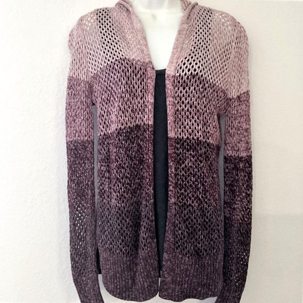 MAURICES Purple Pink Ombre Open Knit Hooded Cardigan Sweater Small Like New